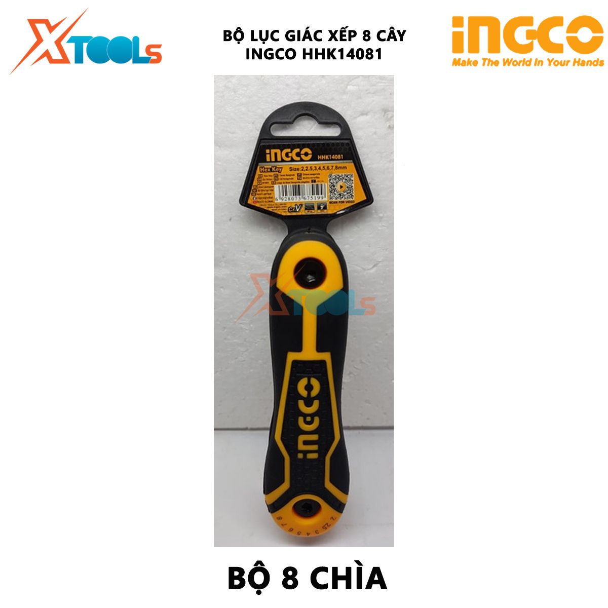 Bộ lục giác đầu bằng xếp 8 cây INGCO HHK14081 Bộ chìa khóa lục giác Kích thước 2-8mm Chất liệu Cr-V mở bulong, đai ốc XTOOLs