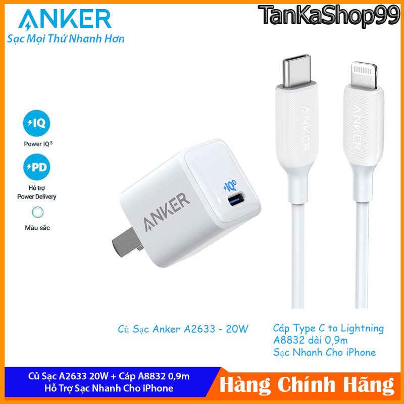 Bộ Sạc Nhanh Anker 20W Cho iPhone A2633 + Cáp C to Lightning A8832 / A8833