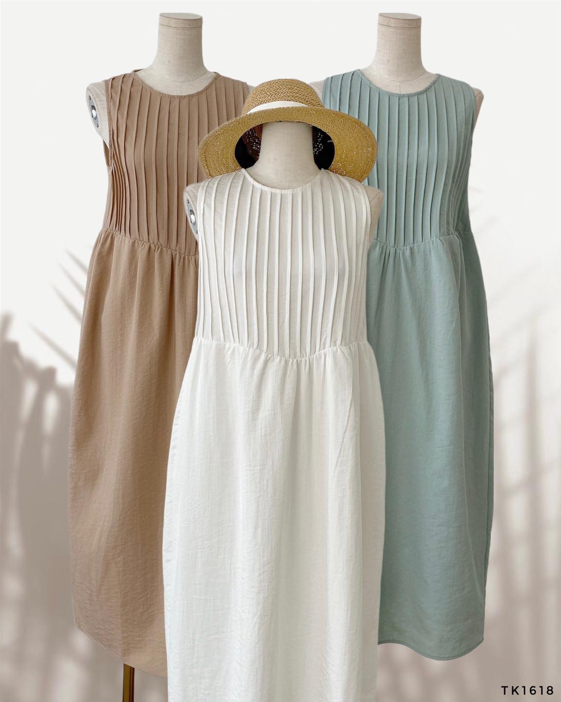 [Ảnh thật] Đầm suông cổ tròn xếp li xinh xắn chất linen lụa mềm đẹp