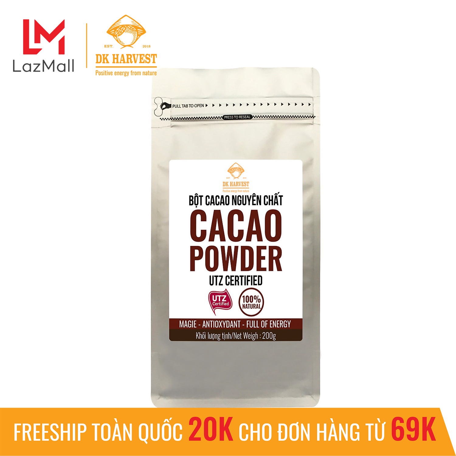 Bột Cacao nguyên chất cao cấp DK Harvest - Túi 200g - không đường