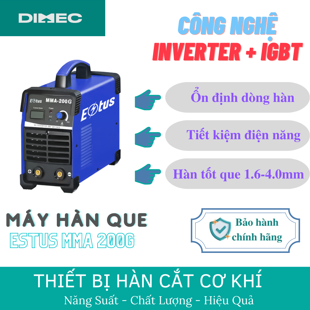 Máy hàn que estus mma 200g - máy hàn igbt gọn nhẹ tiết kiếm điện - máy hàn mma hàn liên tục que 1.6 - 4.0 - bảo hành chính hãng 12 tháng