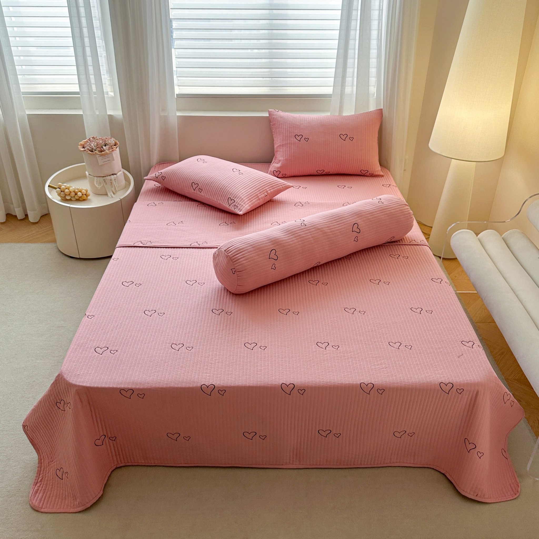 Set 4 món ga bọc trần thêu hoa cotton đũi solid nhập khẩu cao cấp