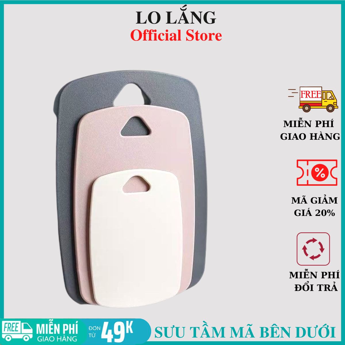 Bộ 3 thớt nhựa kháng khuẩn chống trơn trượt có khoen treo cao cấp