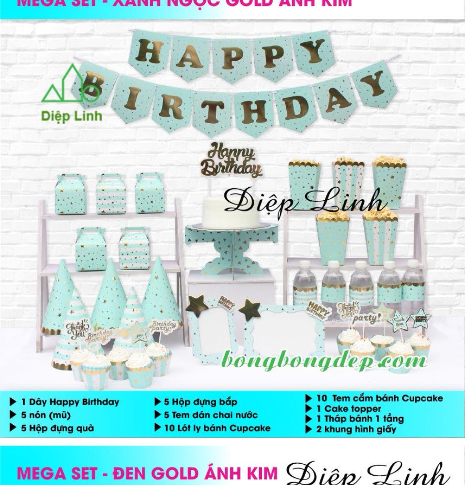 Set Mega Bàn Tiệc Trang Trí Sinh Nhật Dành Cho Bé Ép Kim