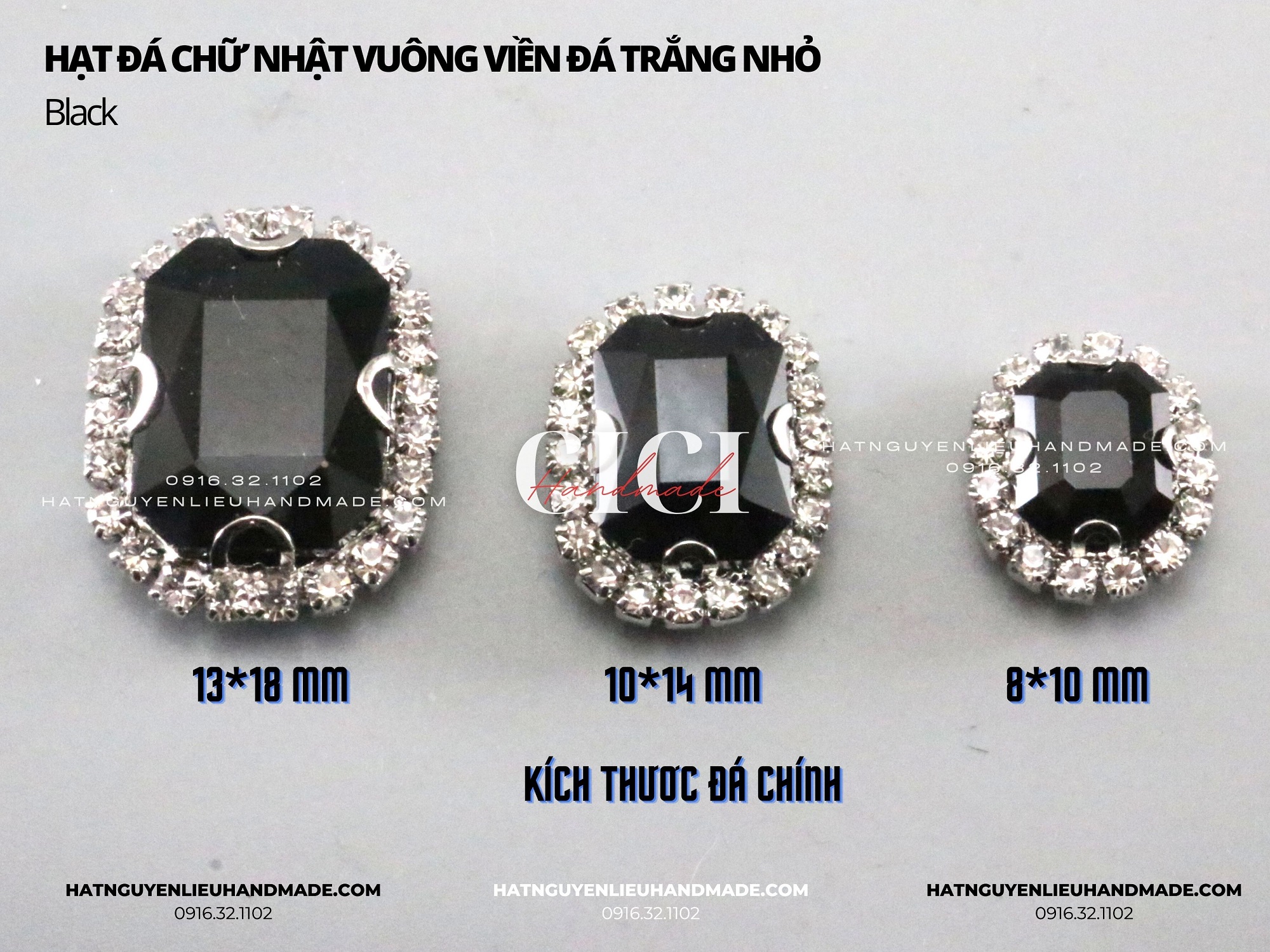 Đá Chữ nhật vuông viền đá trắng nhỏ đế BẠC có lỗ khâu có lỗ khâu Cici Handmade nguyên liệu DIY hạt đính kết