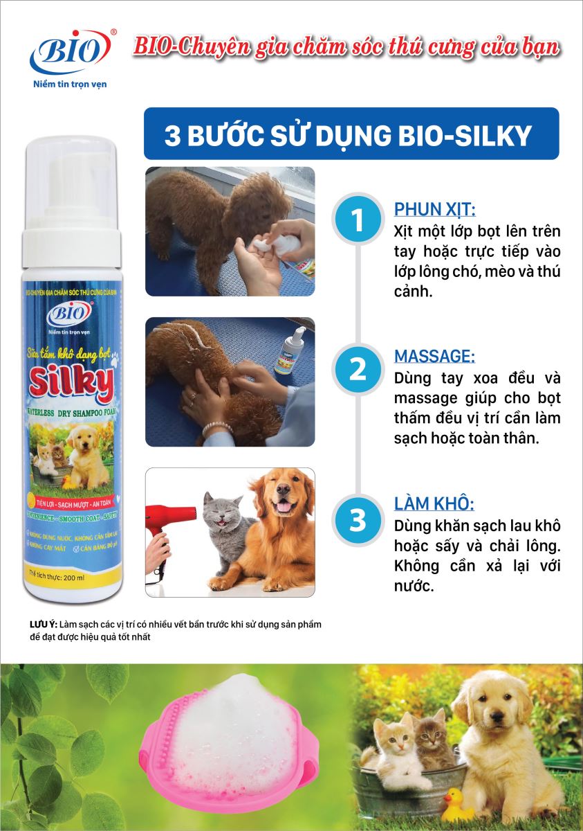 tắm khô Bio - Silky (xà bông khô dạng bọt) cho chó mèo - T3 PETS SHOP