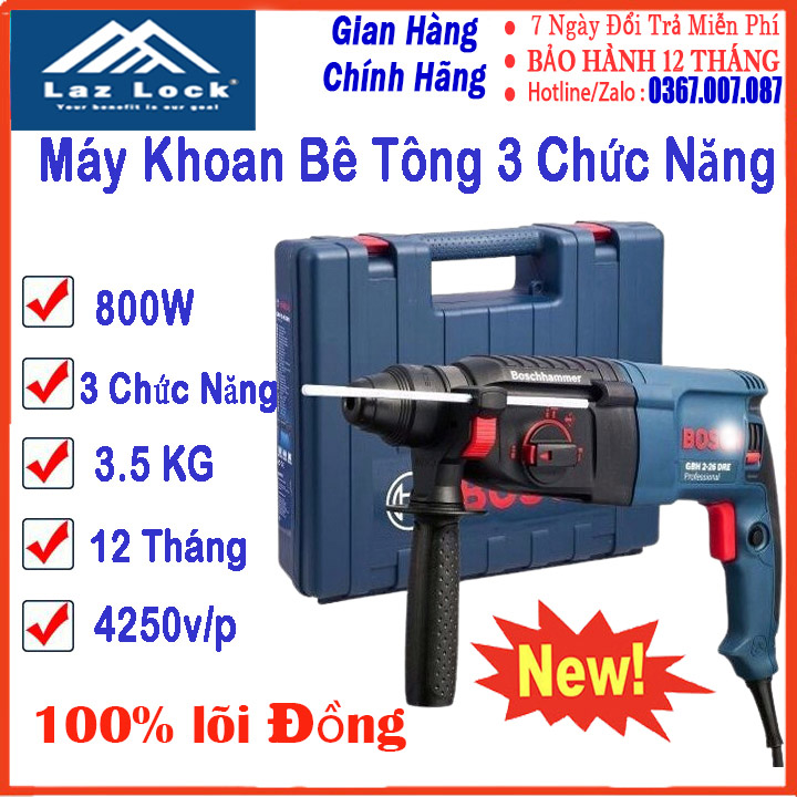 Máy khoan bê tông 3 chế độ bos.2-26 dhe - máy khoan công suất 800w bảo hành 12 tháng ruột đồng 100% - bộ vali máy khoan 3 chức năng bê tông