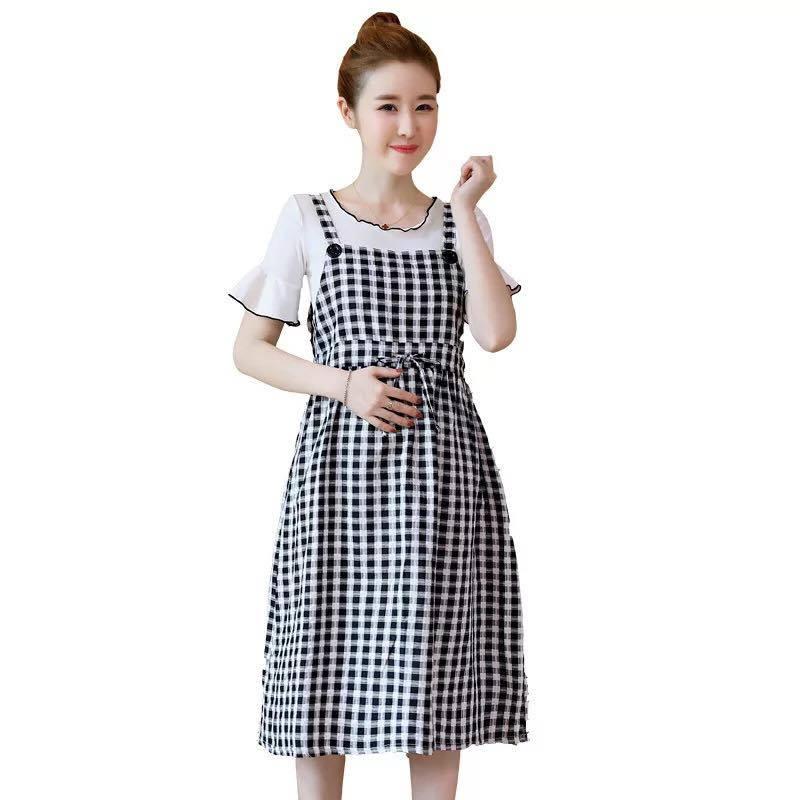 Váy Bầu Kẻ Giả Yếm Tay Loe Thời Trang