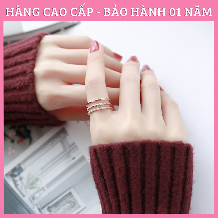 Nhẫn Nữ, Nhẫn Titan Ko Đen Mẫu 3 Hàng Đính Đá Cá Tính