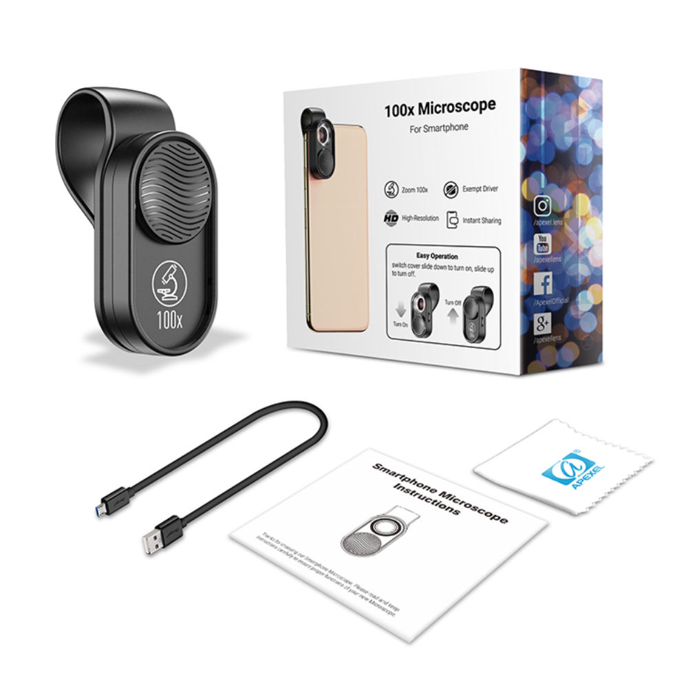 Apexel 100x Microscope Lens HD - Ống kính hiển vi 100x cho điện thoại có đèn LED