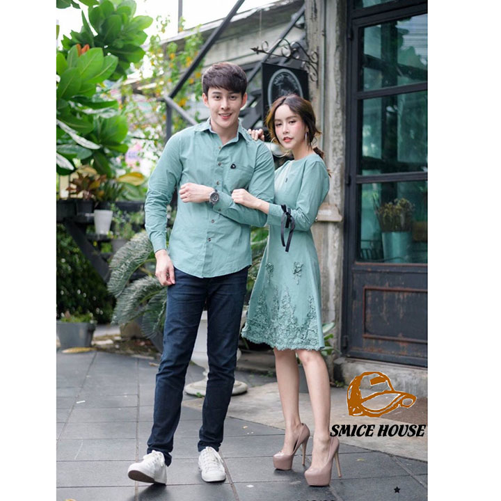 [HCM]SET BỘ ÁO VÁY ĐÔI SƠ MI NAM NỮ ÁO SƠ MI ĐẦM XÒE MÀU XANH NGỌC PHONG CÁCH HÀN QUỐC ĐI CHƠI CHỤP HÌNH CƯỚI