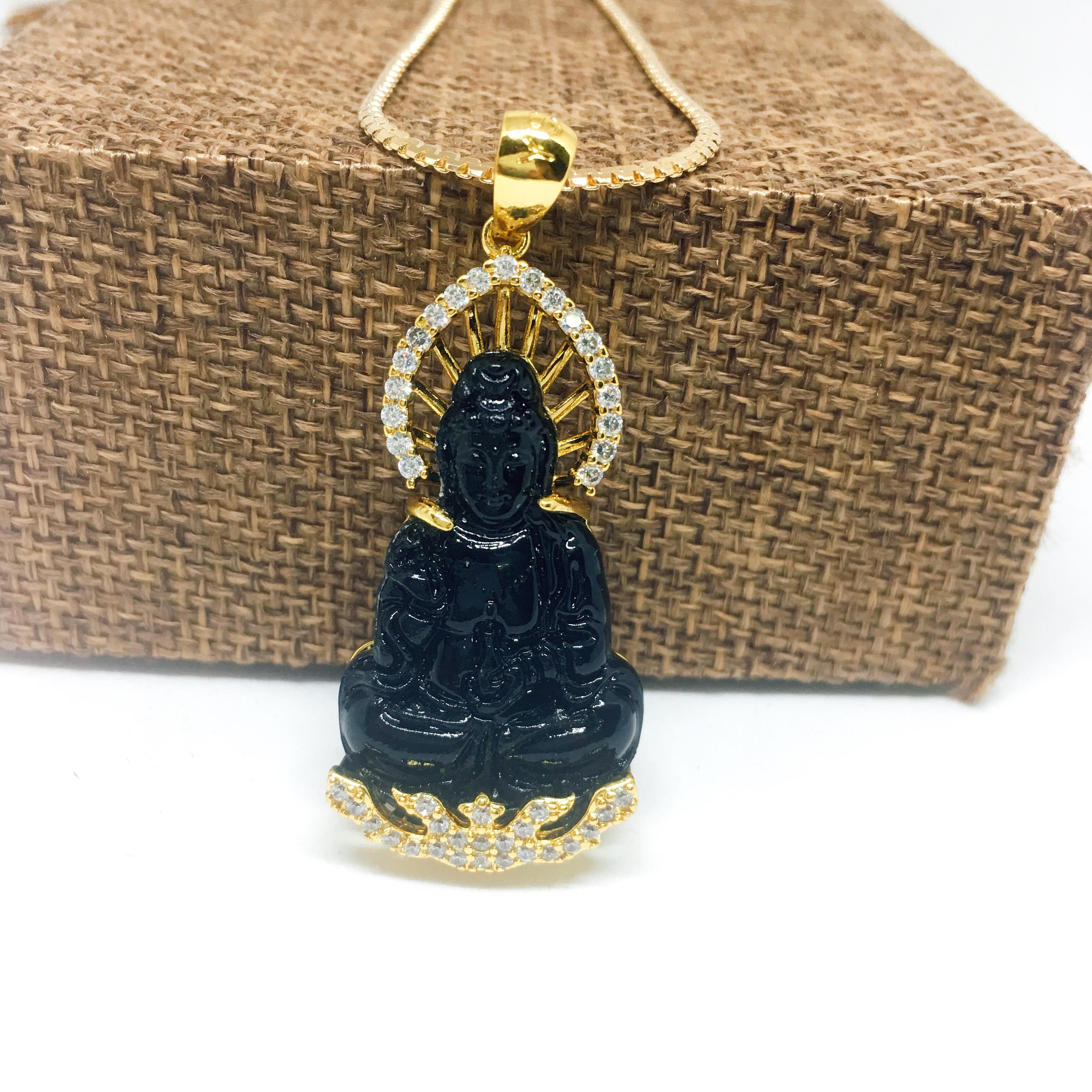 Dây chuyền nữ mặt Quan Âm đá LAMASIA bọc bạc Thái mạ vàng đính đá, trang sức phong thủy, may mắn, tài lộc, trang sức cao cấp (dây và mặt) (màu đen)