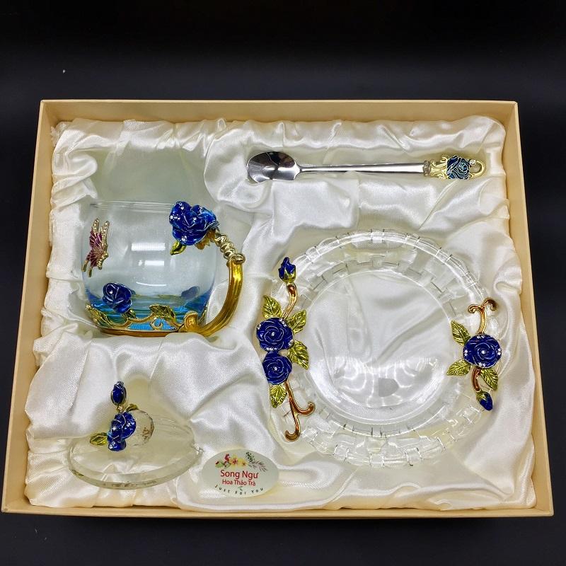 Hộp quà bộ cốc (ly) đĩa thủy tinh enamel HOA HỒNG XANH- SONG NGƯ HOA THẢO TRÀ