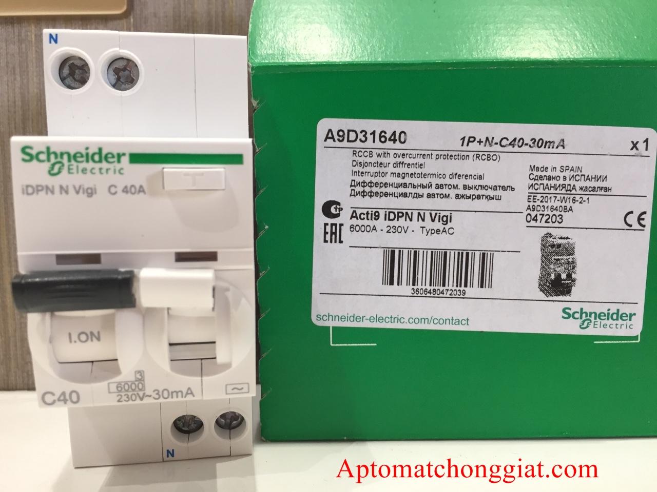 Cầu Dao (Aptomat) CAO CẤP Chống Dòng Rò (Chống Giật) RCBO Schneider  2P 40A - 30mA (tặng ốp bảo vệ) - Made In Spain