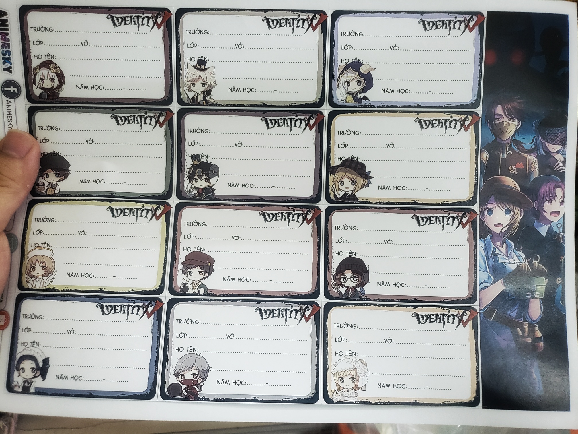 Nhãn vở game Identity V 1 bộ 12 mẫu