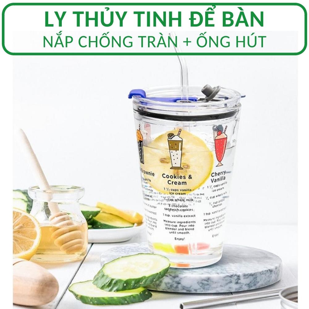Ly thủy tinh có nắp giữ nhiệt chống tràn kèm Ống hút 450ml