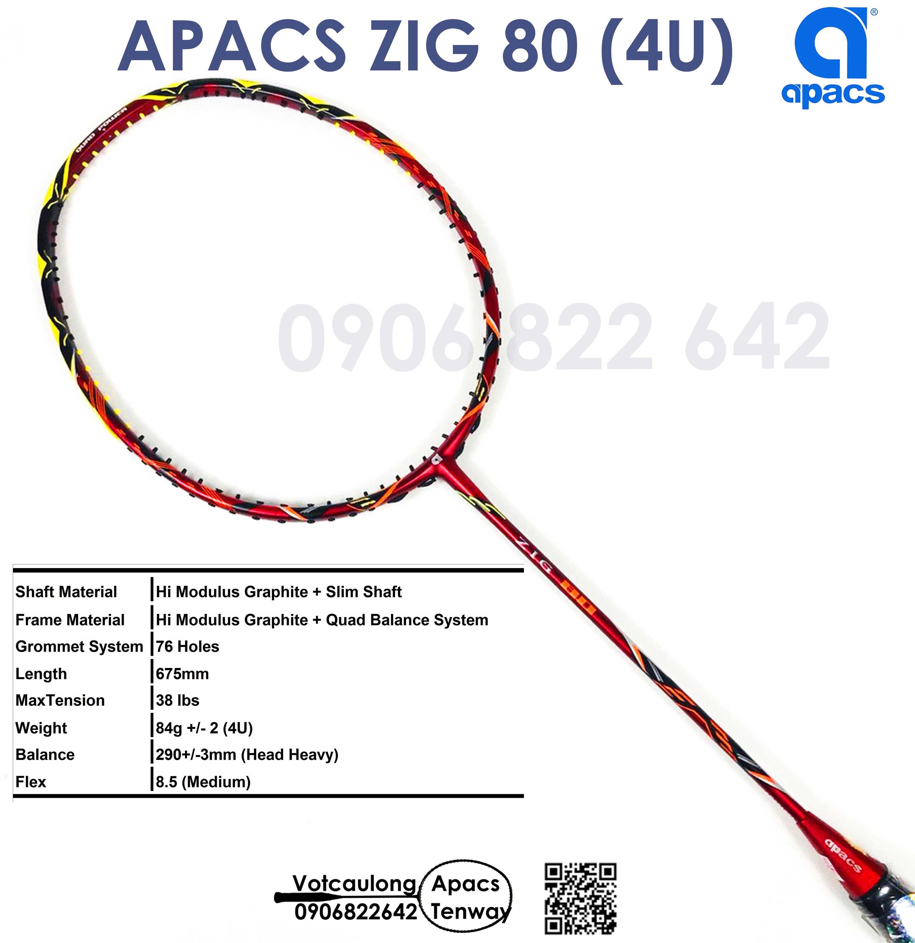 [HCM]Vợt cầu lông Apacs Zig 80 - 4U | Thân đũa linh hoạt, mặt vợt to, trang bị thêm bộ gen trợ lực
