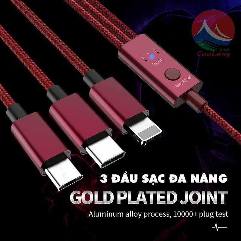 Cáp Sạc Tự Ngắt Hẹn Giờ Thông Minh 3H, 3 Đầu Đa Năng Lightning Type C Micro USB Chống Chai Pin, dây sạc tự ngắt an toàn sạc ban đêm