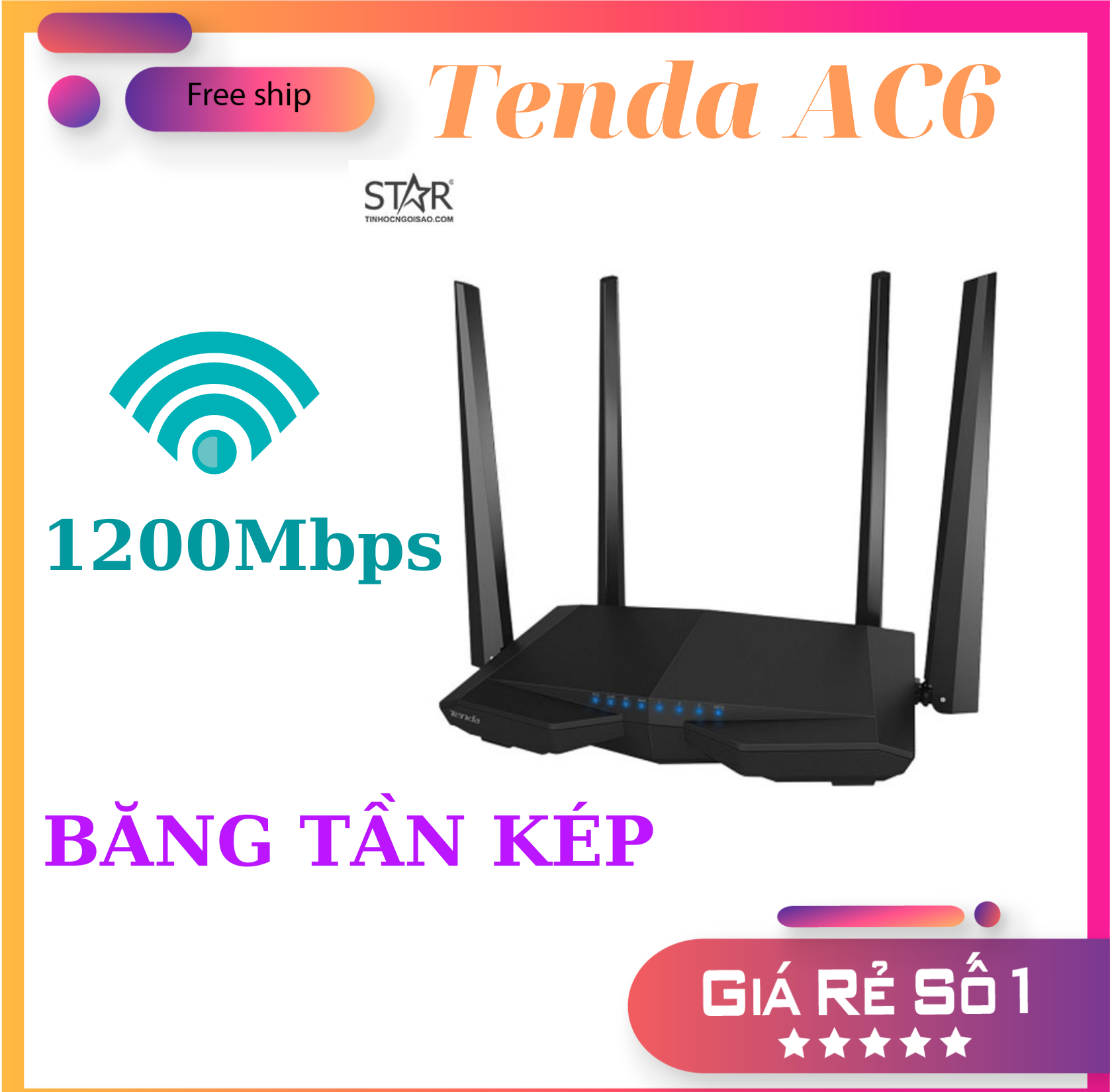 Bộ phát wifi Tenda AC6 4 râu băng tần kép chuẩn AC1200 Mbps sóng xuyên tường router wifi tenda Modem