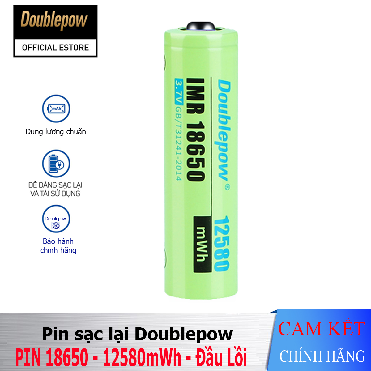 Pin sạc Lithium 18650 - 12580mWh đầu lồi Doublepow, pin dung lượng thực (01 viên)