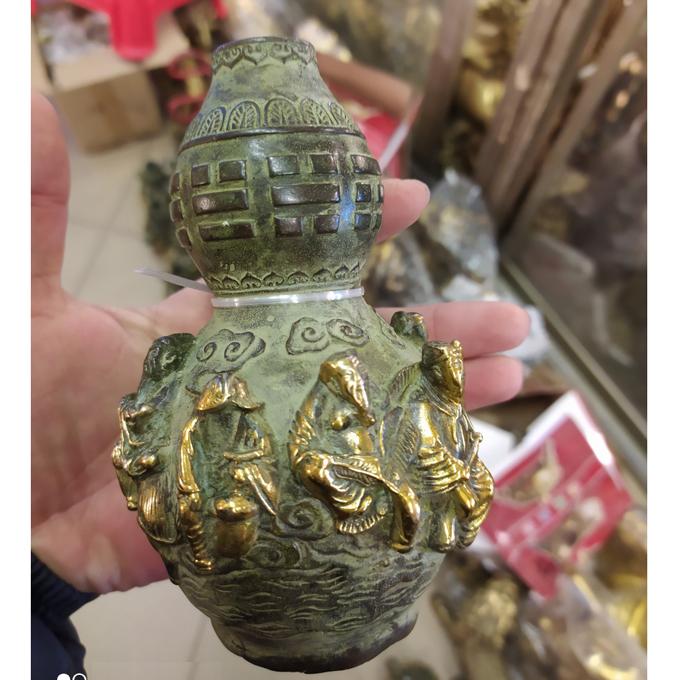 Hồ lô Bát Tiên màu vàng bằng đồng phong cách phương đông cổ cao 150mm phong thủy gia trạch, Hồ lô tám vị tiên, hồ lô đồng có nắp Zjnmart