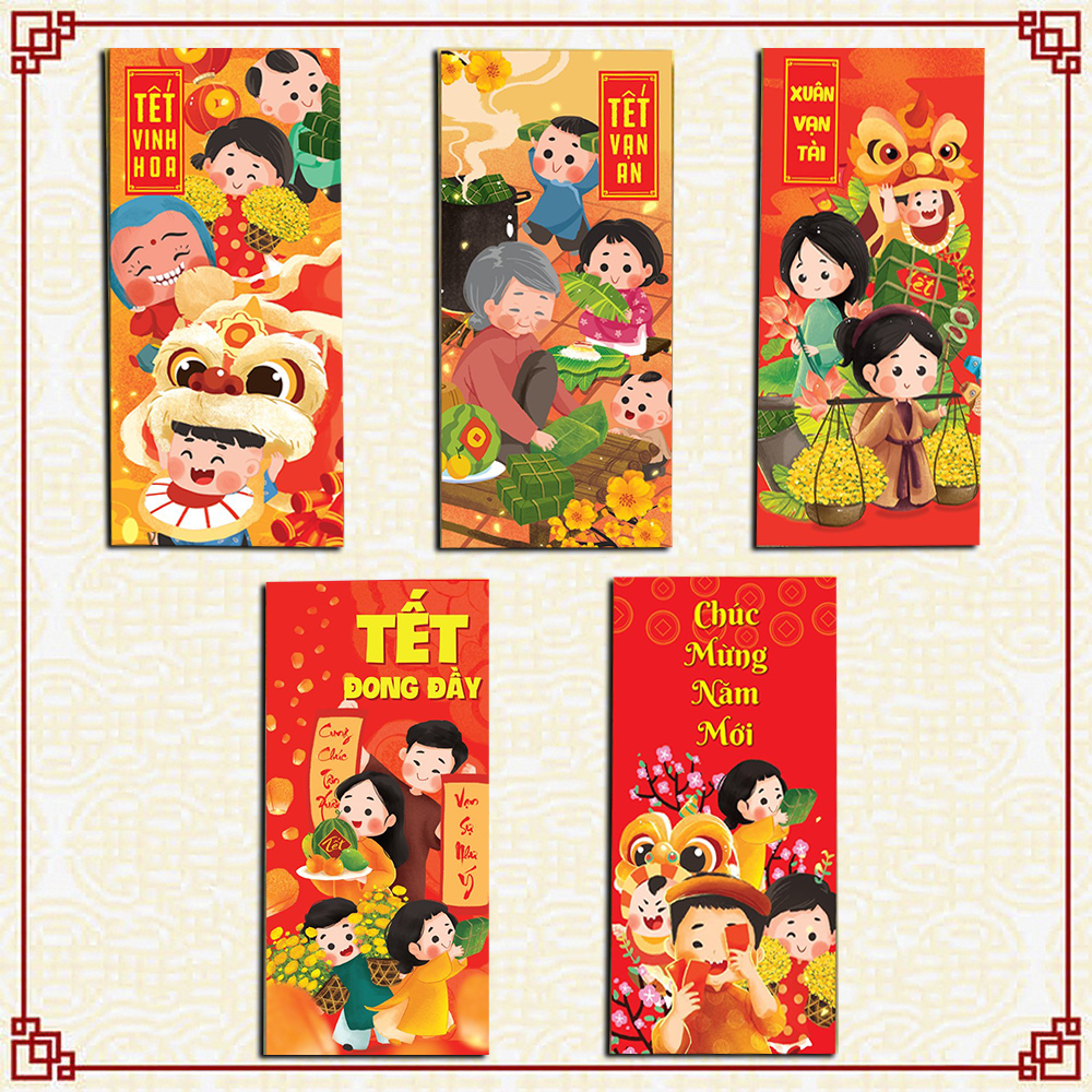 Set 200 bao lì xì tết 2024 Đỏ sum vầy giao đủ mẫu (Mẫu 5)