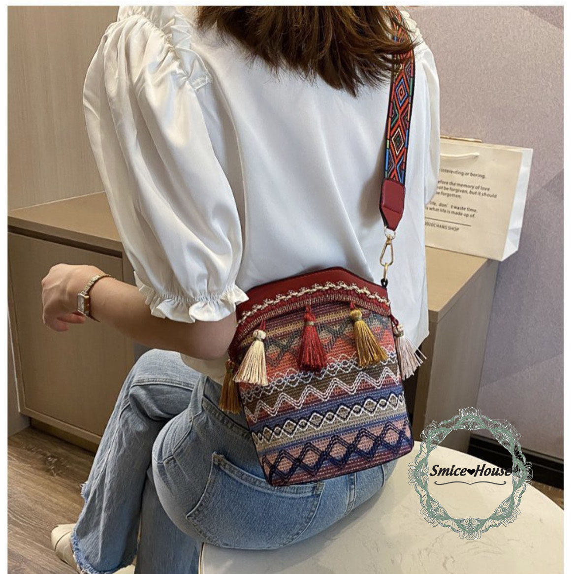 Female bags brocade cross delivery leather tassel Rua retro wild beach travel summer streetwear