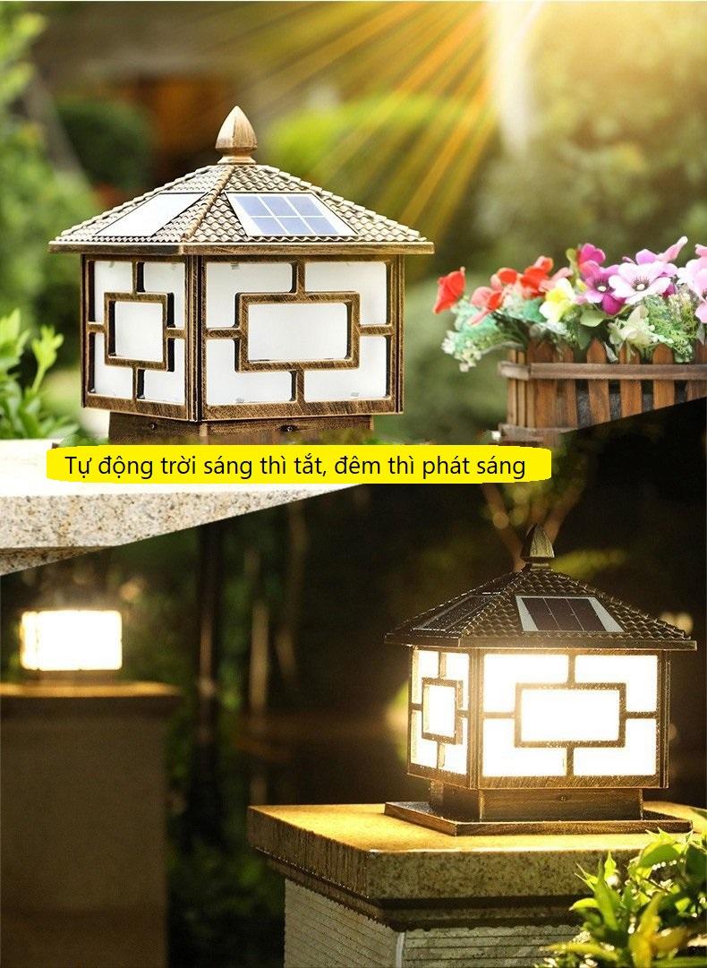 Đèn trụ cổng năng lượng mặt trời chóp cạnh vuông 25cm - L4K