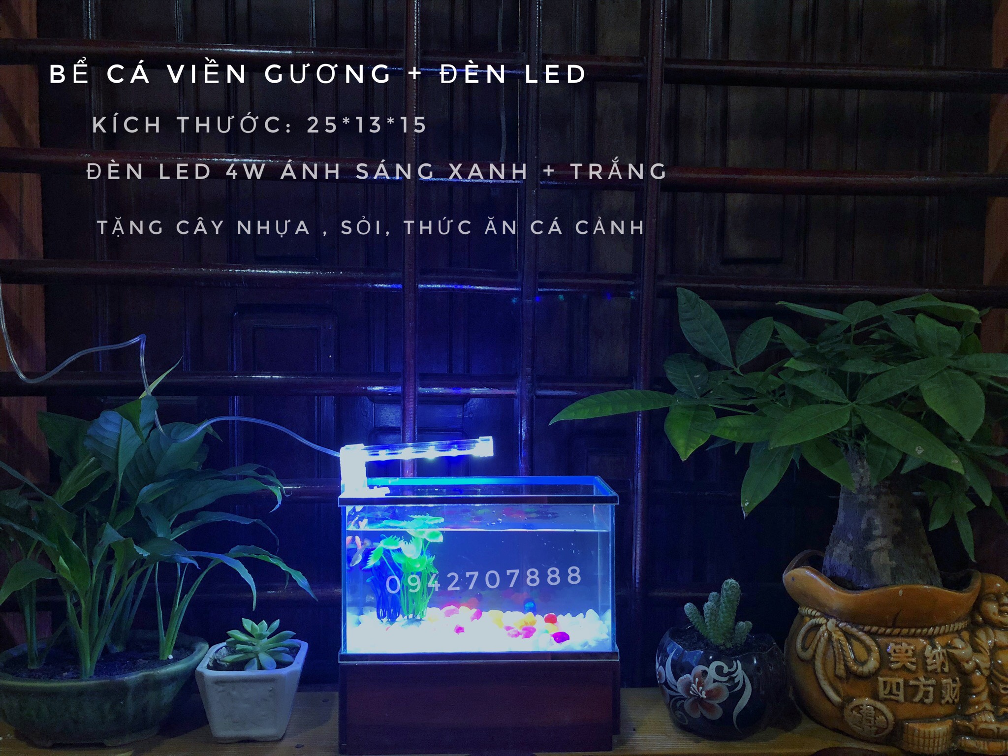 Set bể cá mini viền gương 25x13x15cm + đèn led 4w ( tặng đồ trang trí và đồ ăn cá)