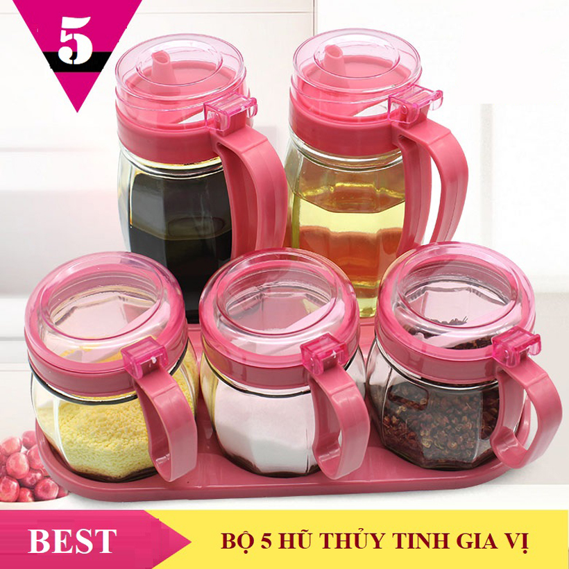 Bộ đựng gia vị thủy tinh set bộ 5 hủ gồm 2 bình rót và 3 hũ đựng, màu nắp tùy vào năm sản xuất, shop giao ngẫu nhiên.