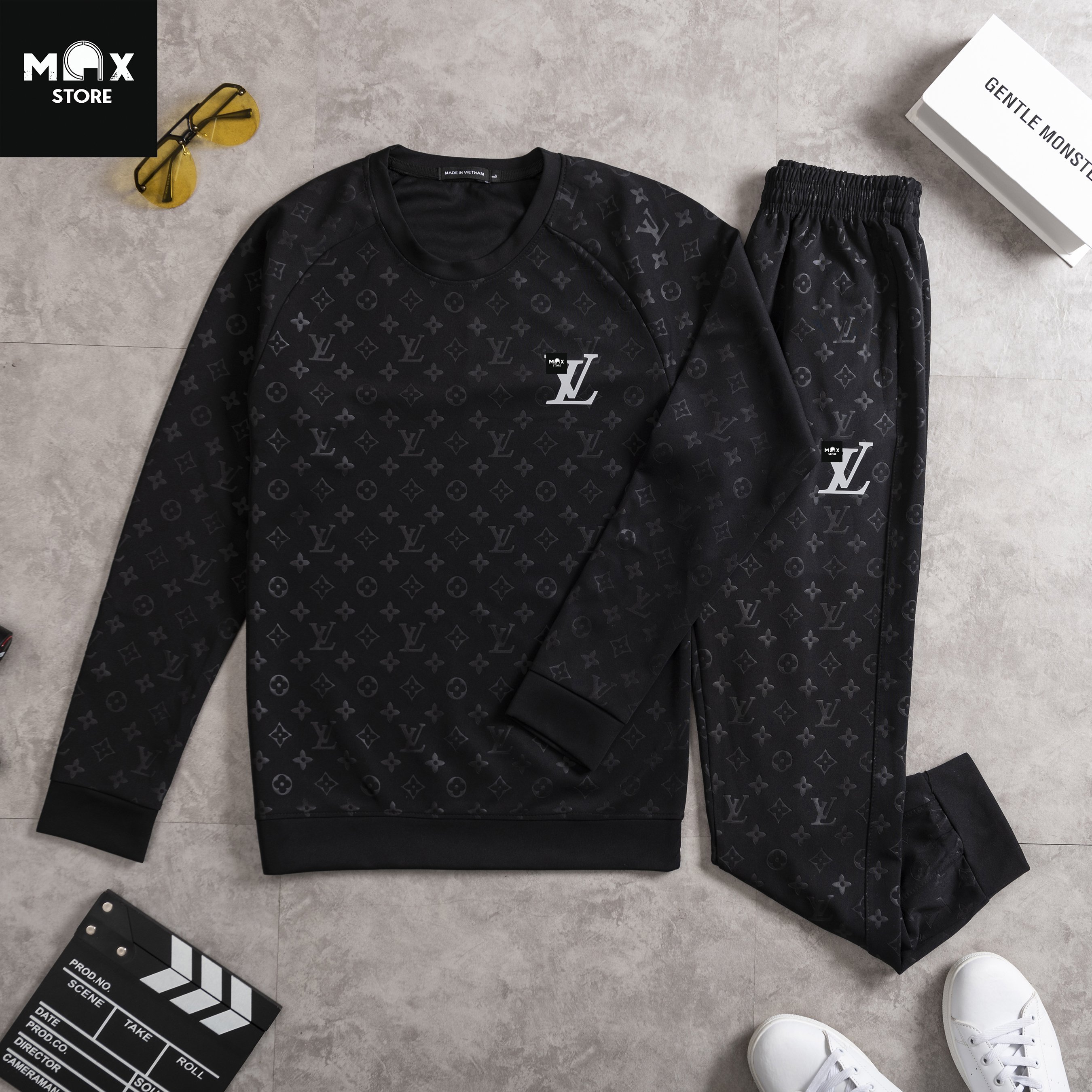 Bộ Đồ Nam Thu Đông,, MAXSHOP, Bộ Thể Thao Nam  thời trang,Bộ nỉ nam cổ tròn dài tay dập vân nổi,Chất Liệu umi dày dặn,full size M-LXL,màu đen ,mã VVL