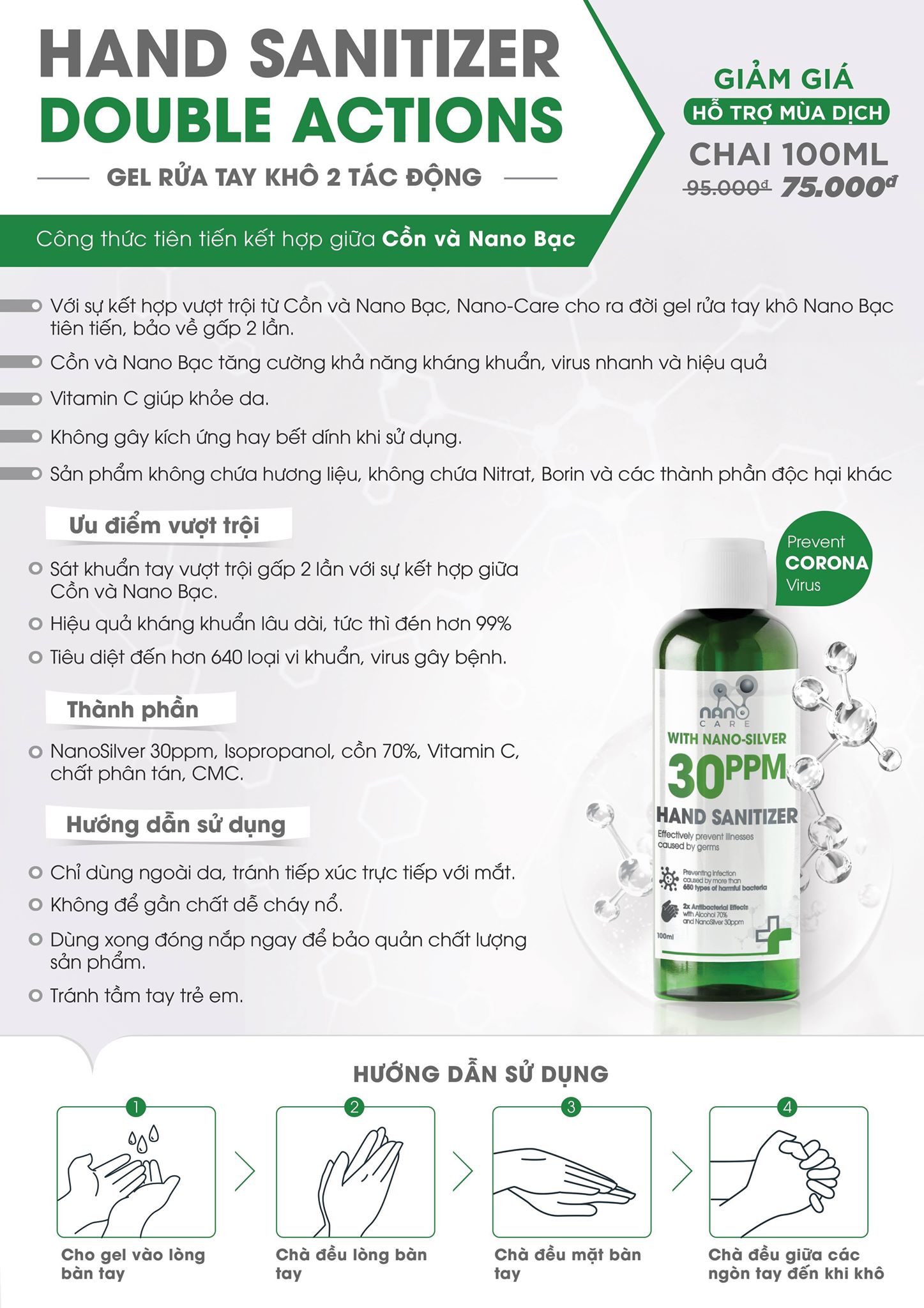 [HCM]Gel rửa tay khô Nano-Care Double Actions (với thành phần nano bạc)