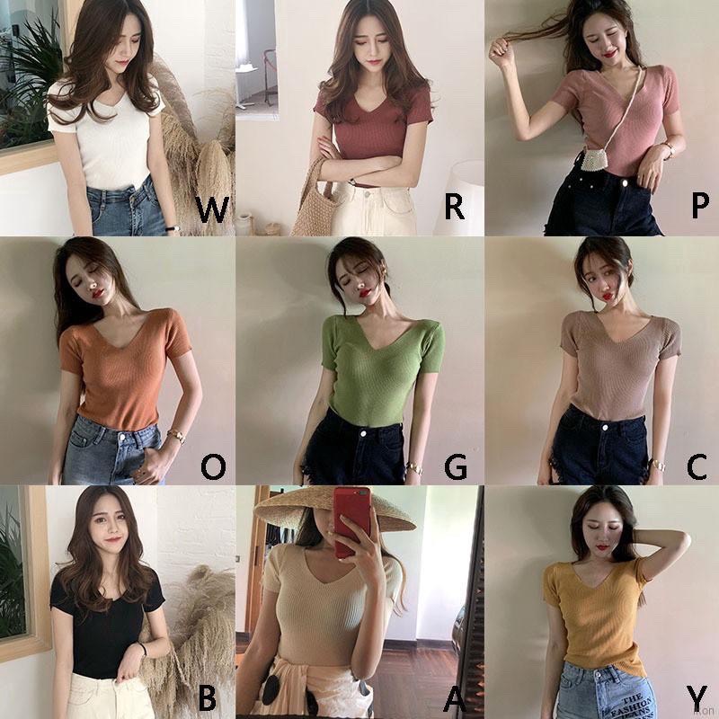 áo thun nữ, áo kiểu nữ cổ tim cuốn biên thời trang Hàn Quốc