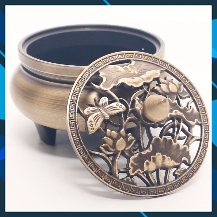 Lư xông trầm hương bằng Đồng nguyên khối - Lư đốt trầm hoạt tiết hoa sen - Lazi HOME