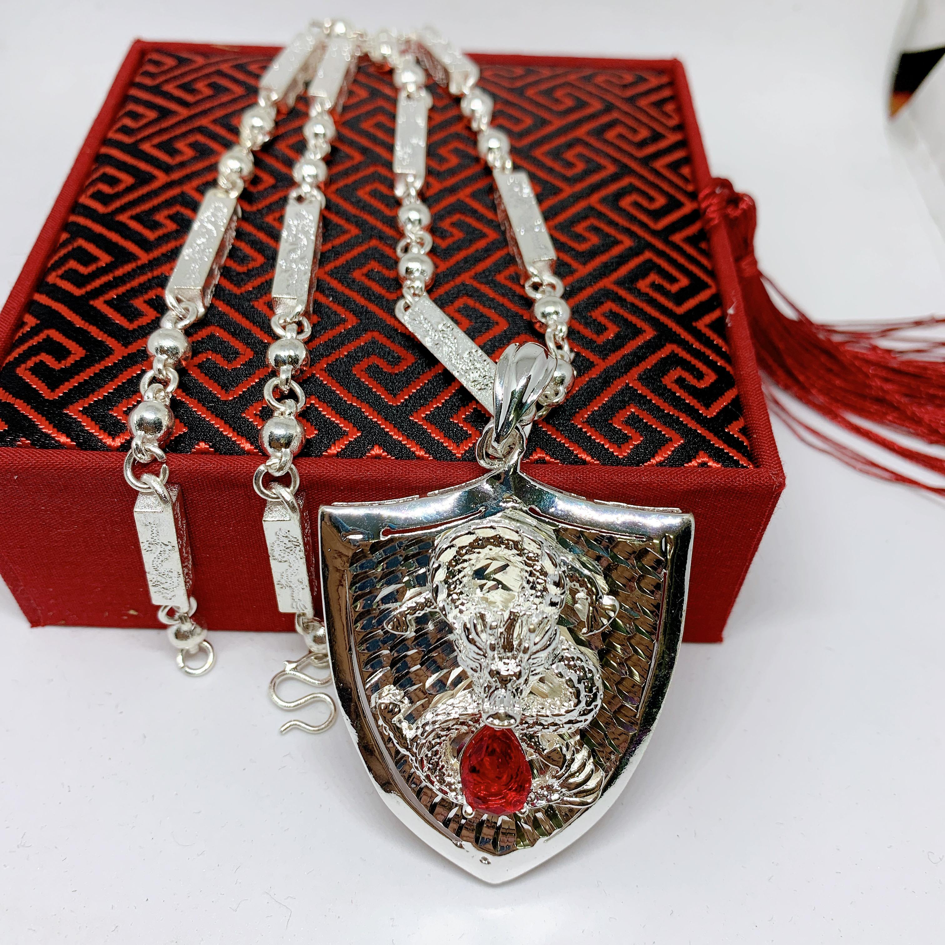 Dây chuyền bạc Phong thủy Mặt Thiên Long đính đá đỏ Bạc Thái Cao Cấp - dây chuyền nam, dây bạc, vòng cổ, day chuyen (dây và mặt) ( Màu bạc)