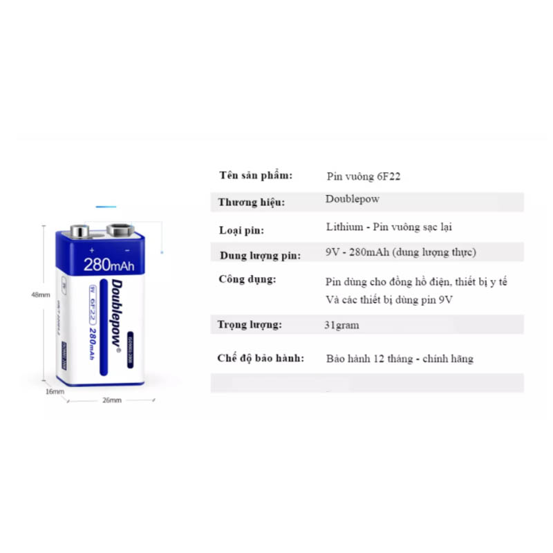 [02 viên] Pin sạc 9V 6F22 -  280mAh (loại pin vuông) Doublepow - Pin chuẩn