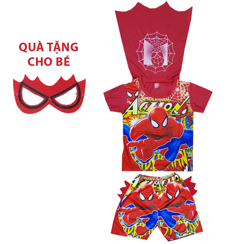 Đồ bộ siêu nhân nhện áo kèm tà quần kèm vây tặng kèm mắt kính cho bé size 16-26kg chất vải cotton mềm mại
