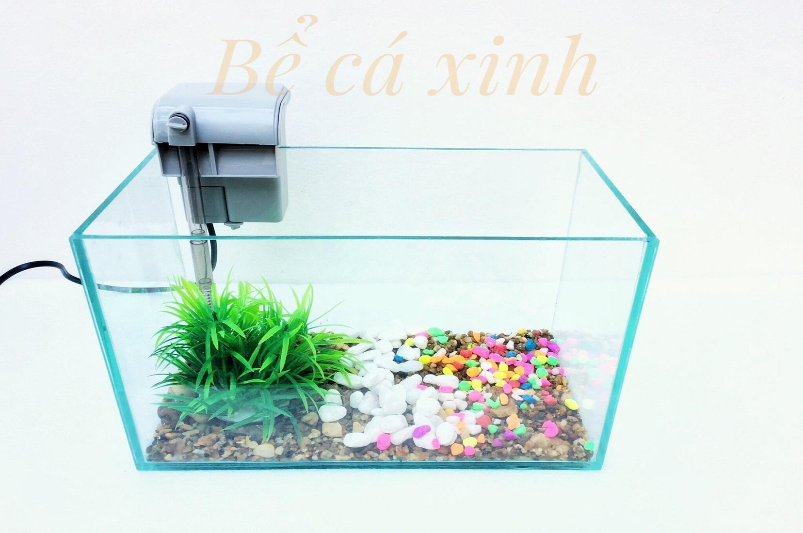 Bộ sản phẩm bể cá mini để bàn kèm lọc thác mini ( tặng phụ kiện trang trí)