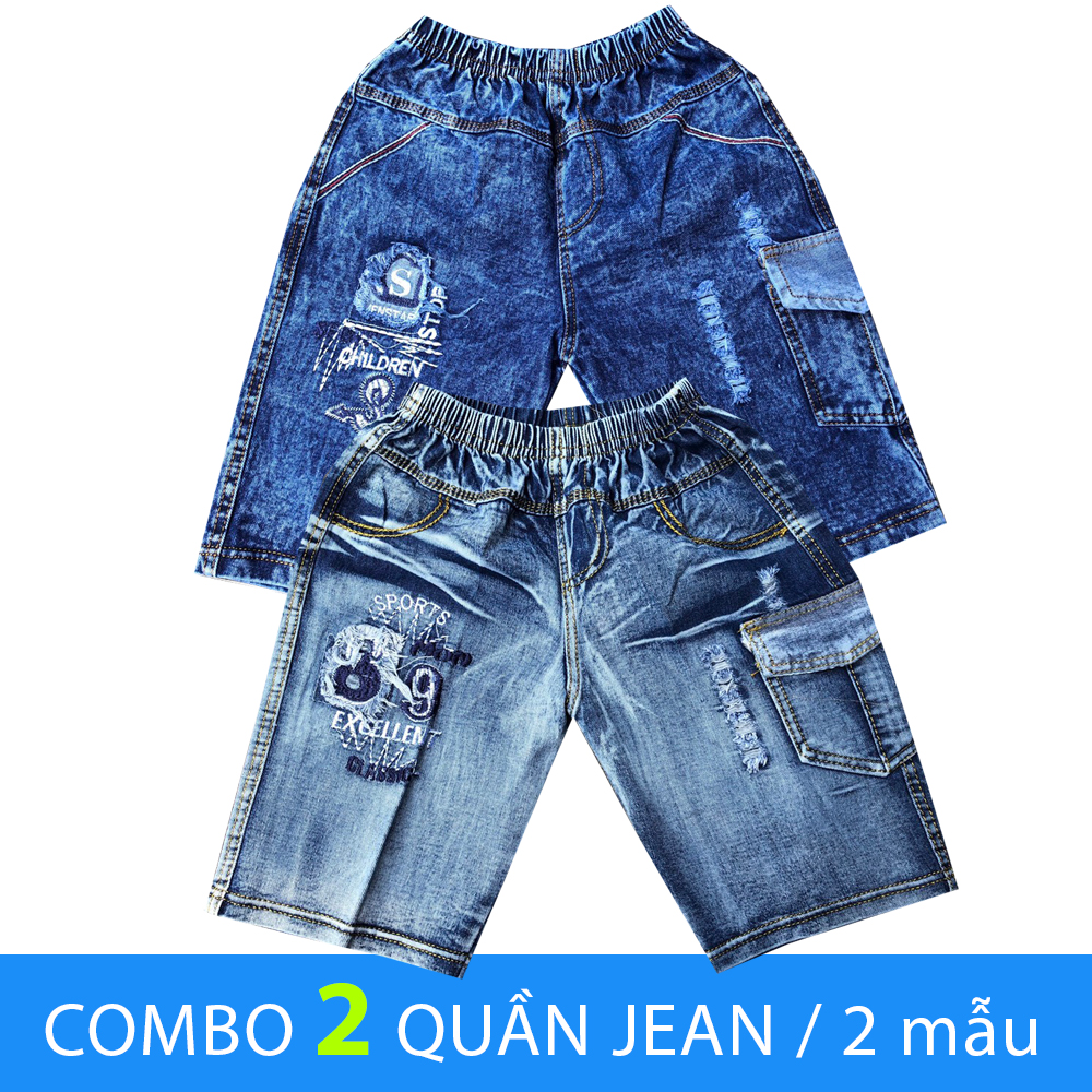 Combo 2 quần jean lửng bé trai phối túi cao cấp họa tiết ngẫu nhiên size từ 25-36kg VNXK vải mềm mịn