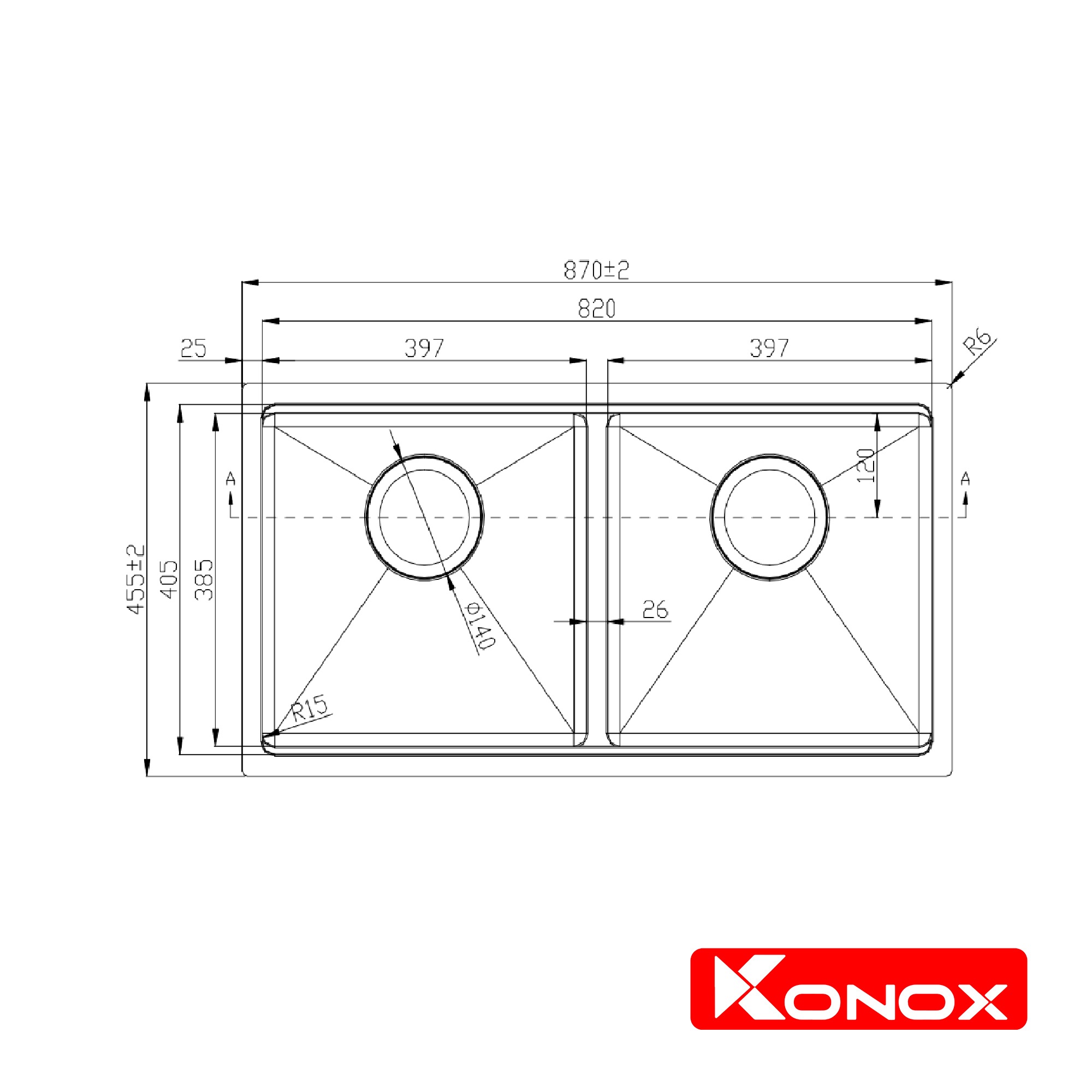 Chậu rửa bát inox 2 hố lắp âm Konox KN8745DUB