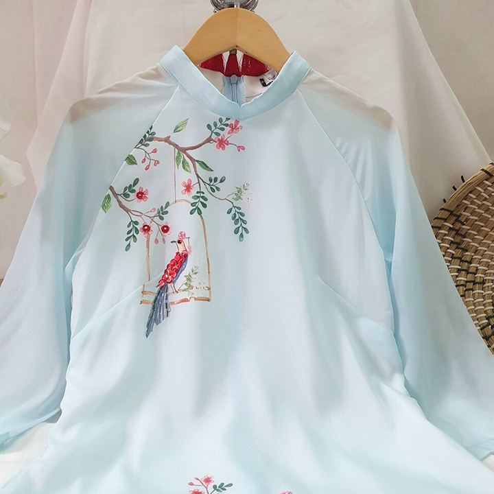 Áo dài cách tân họa tiết chim công xanh ( Áo + quần)