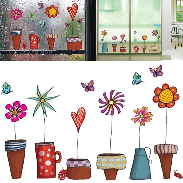 Decal dán tường chậu hoa