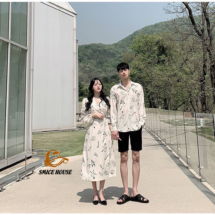 Set váy áo sơ mi đôi đồ cặp thời trang đầm maxi dài họa tiết hoa lá đi biển đi chơi
