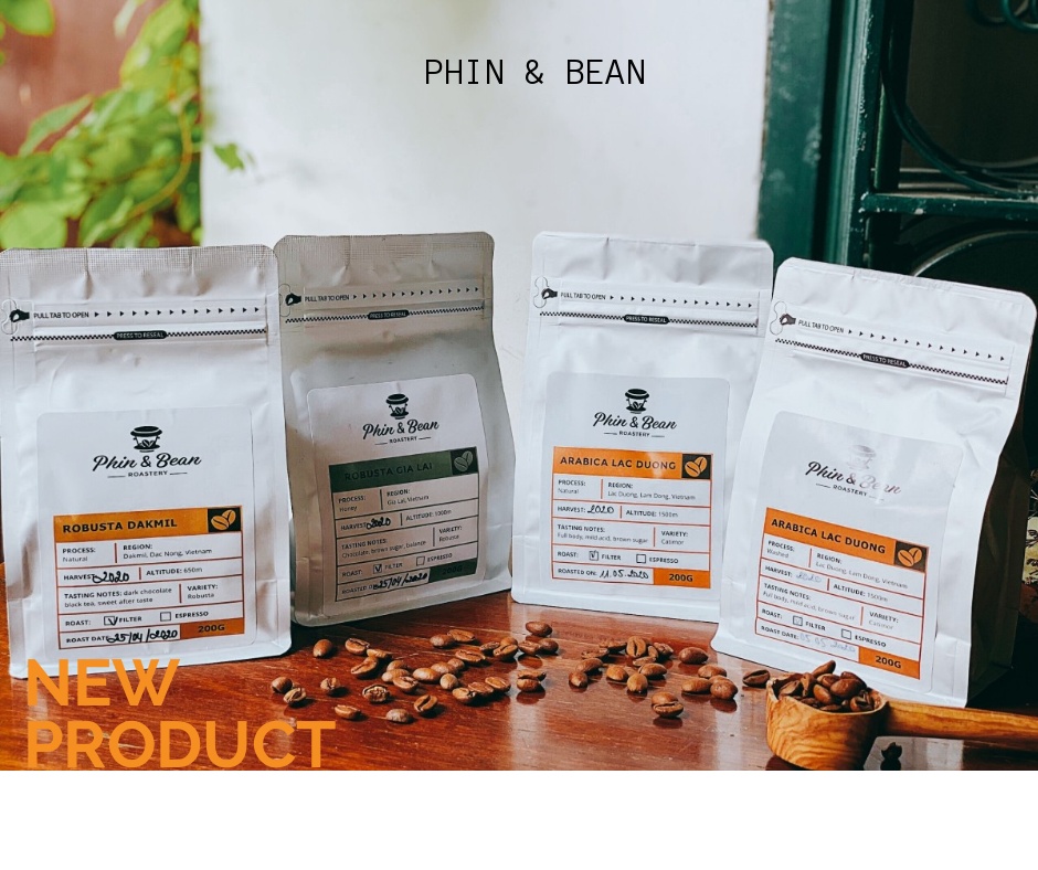 [HCM]Cà phê hạt rang mộc pha phin nguyên chất PHIN&BEAN 100% Robusta DakMil (Túi 200gr)
