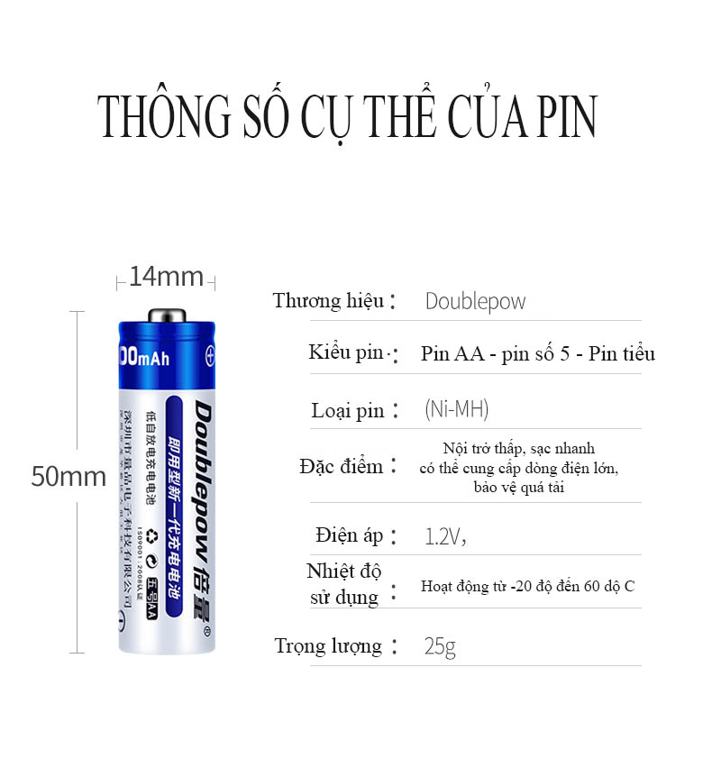 [Combo 4 viên] Pin sạc AA 3000mAh Doublepow - (màu xanh) - Có hộp đựng pin kèm theo