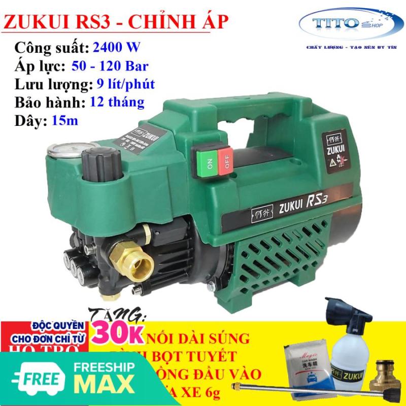 MÁY RỬA XE CHỈNH ÁP ZUKUI RS3 - 2400W dây 15m,- tặng cút nối đồng ,thanh nối dài ,bình bọt tuyết,bột rửa xe.