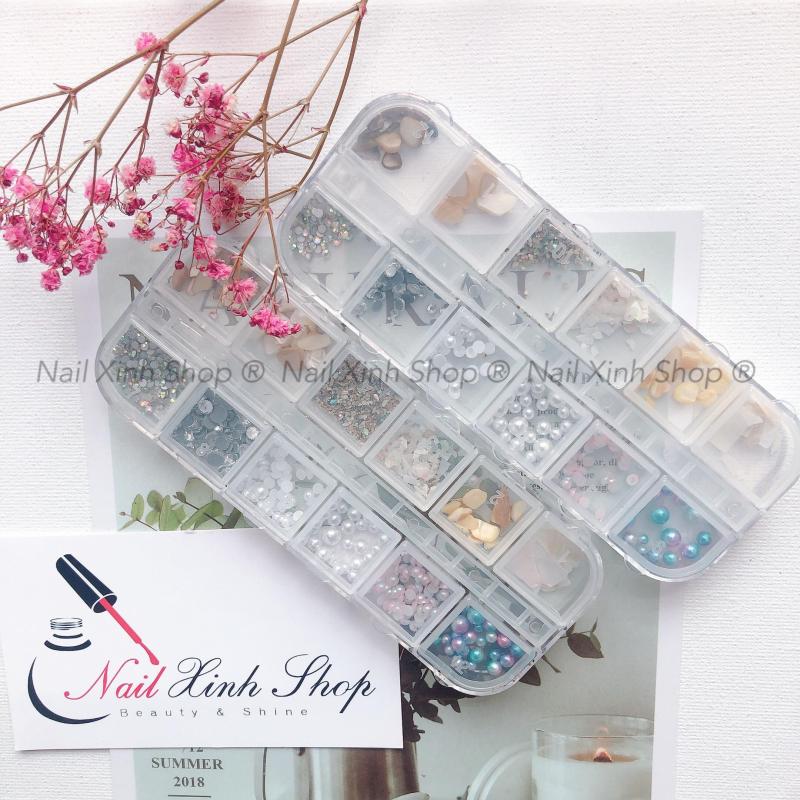 Khay nail 12 ô trang trí móng tay, phụ kiện nail hot 2020 ( hộp 12 ô, mix xà cừ,đá, icon 3D, hoa)