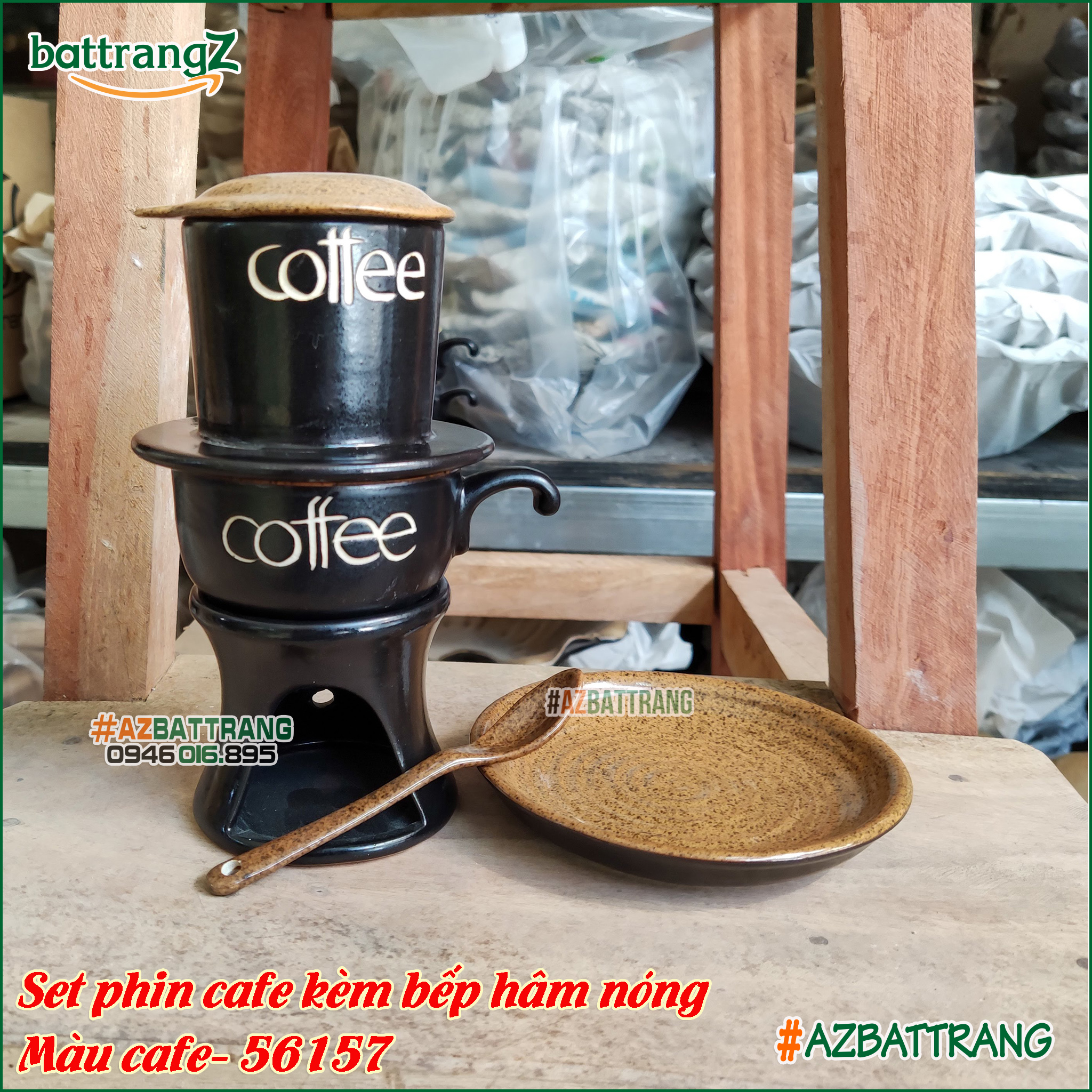 Combo Phin cafe sứ kèm bếp hâm nóng cafe men gốm Bát Tràng