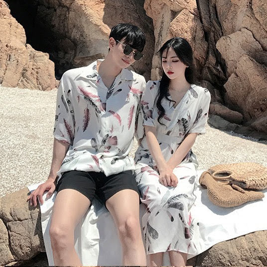 Set double male female, shirt couple dress maxi floral motifs leaf beach summer