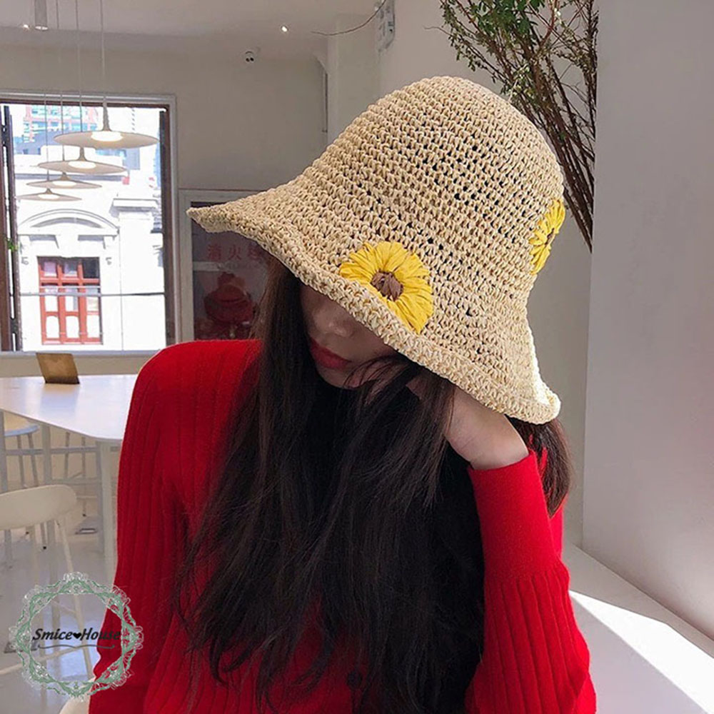 [HCM]Nón cói mềm thêu hoa hướng dương đi biển mũ cói daisy vành rộng có thể gấp gọn có dây điều chỉnh size